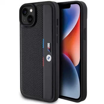 BMW M Collection hårt skal för iPhone 15 Plus / 14 Plus 6,7 inch svart perforerad Tricolor Line