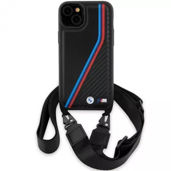 BMW BMHCP15S23PSVTK iPhone 15 / 14 / 13 svart hårt skal M Edition Carbon Tricolor Lines & Strap