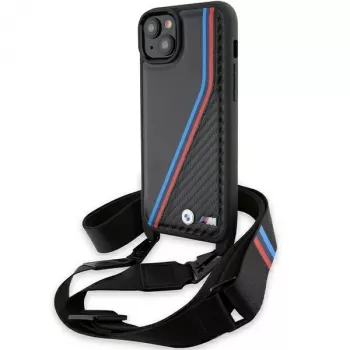 BMW M Edition Carbon Tricolor Lines hårt skal för iPhone 15 Plus / 14 Plus 6,7 inch svart med bärrem