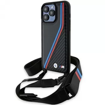 BMW M Edition Carbon Tricolor Lines hårt skal för Apple iPhone 15 Pro 6,1 inch svart med bärrem