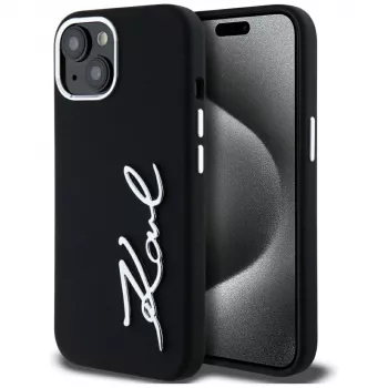 KARL LAGERFELD silikon Metal Script Logo-skal för Apple iPhone 15, svart