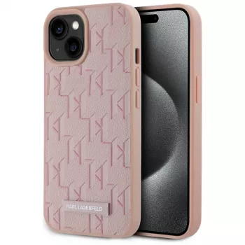 Karl Lagerfeld läder Monogram Metal Logo MagSafe-skal för iPhone 15 rosa