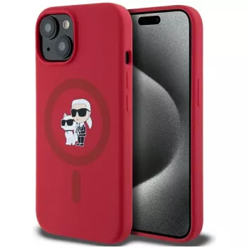 KARL LAGERFELD silikonskal för iPhone 15 med MagSafe och ringhållare – Karl & Choupette Heads – röd