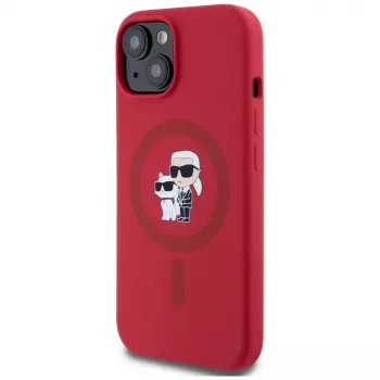 KARL LAGERFELD silikonskal för iPhone 15 med MagSafe och ringhållare – Karl & Choupette Heads – röd