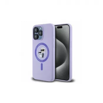 Karl Lagerfeld iPhone 15 Pro Max 6,7 tum Lila Silikonhårt fodral med Karl & Choupette-huvuden Ring MagSafe