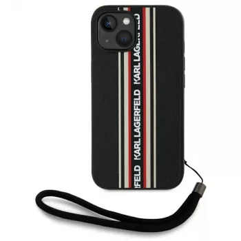 KARL LAGERFELD Saffiano Athleisure Stripes Cord-skal för iPhone 15, svart-röd