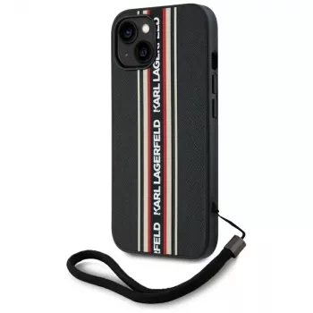 KARL LAGERFELD Saffiano Athleisure Stripes Cord-skal för iPhone 15, svart-röd