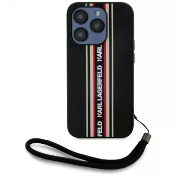 KARL LAGERFELD Saffiano Athleisure Stripes Cord-skal för iPhone 15 Pro, svart/röd