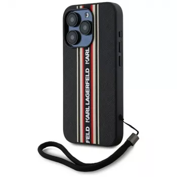 KARL LAGERFELD Saffiano Athleisure Stripes Cord-skal för iPhone 15 Pro Max, svart/röd