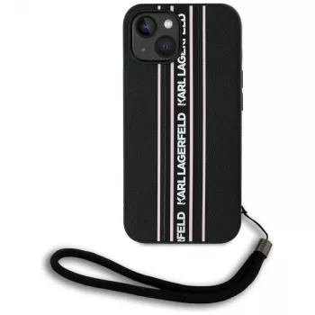 Karl Lagerfeld Saffiano Athleisure Stripes Cord-skal för iPhone 15, svart-rosa