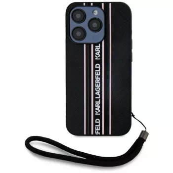 KARL LAGERFELD Saffiano Athleisure Stripes Cord-skal för iPhone 15 Pro, svart/rosa