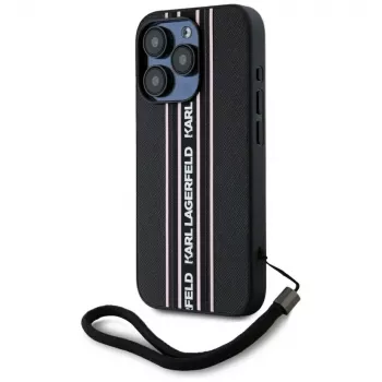 KARL LAGERFELD Saffiano Athleisure Stripes Cord-skal för iPhone 15 Pro, svart/rosa