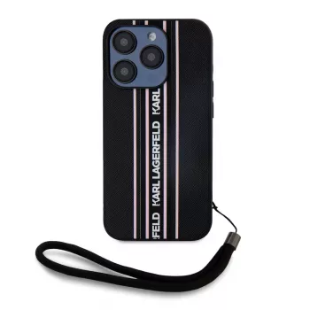 Karl Lagerfeld Saffiano Athleisure Stripes Cord-skal för iPhone 15 Pro Max svart rosa