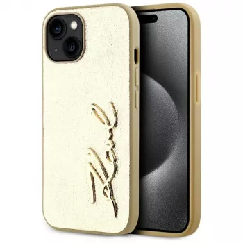 KARL LAGERFELD Wrinkled Metal Signature-skal för iPhone 15, guld