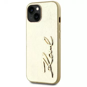 KARL LAGERFELD Wrinkled Metal Signature-skal för iPhone 15, guld