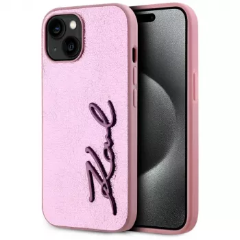 KARL LAGERFELD Wrinkled Metal Signature-skal för Apple iPhone 15, rosa