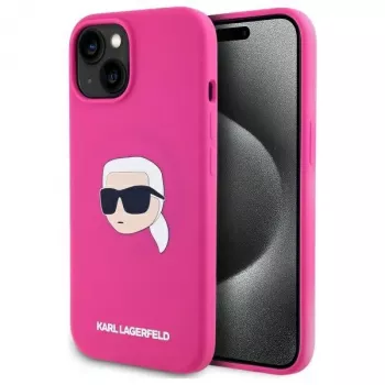 Karl Lagerfeld KLHMP15SSKHPPLF iPhone 15 6,1 inch fuchsia hårt silikonskal med Karl-huvudtryck och MagSafe