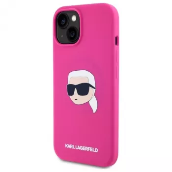 Karl Lagerfeld KLHMP15SSKHPPLF iPhone 15 6,1 inch fuchsia hårt silikonskal med Karl-huvudtryck och MagSafe