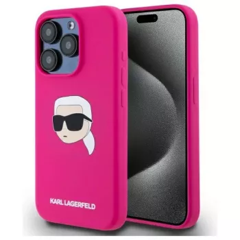Karl Lagerfeld iPhone 15 Pro 6,1 inch hårt silikonskal med Karl-huvudtryck, MagSafe – fuchsia
