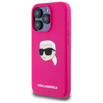 Karl Lagerfeld iPhone 15 Pro 6,1 inch hårt silikonskal med Karl-huvudtryck, MagSafe – fuchsia