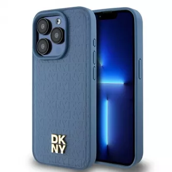 DKNY DKHMP15LPSHRPSB iPhone 15 Pro 6,1 blå hardcase läder monogrammönster metallogo MagSafe