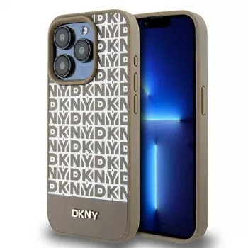 DKNY DKHMP15LPSOSPW iPhone 15 Pro 6,1 inch hardcase läder tryckt mönster brun med metallogo MagSafe