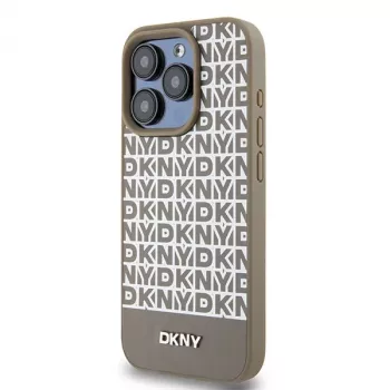 DKNY DKHMP15LPSOSPW iPhone 15 Pro 6,1 inch hardcase läder tryckt mönster brun med metallogo MagSafe
