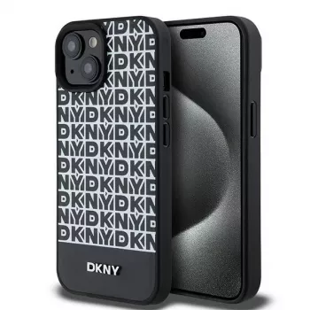 DKNY DKHMP15SPSOSPK Hard Case för Apple iPhone 15 / 14 / 13 6,1 inch svart läder med tryckt mönster och metallogo MagSafe