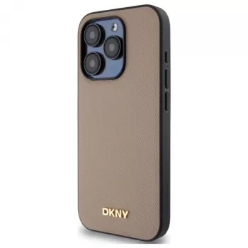 DKNY DKHMP15LPGHLME Hardcase för iPhone 15 Pro 6,1 inch beige med genarbtem metallogo och MagSafe