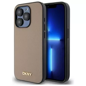 DKNY DKHMP15XPGHLME Hard Case for Apple iPhone 15 Pro Max 6.7 inch Beige Grained Metal Logo MagSafe
