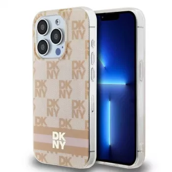 DKNY DKHMP13LHCPTSP Hard Case for Apple iPhone 13 Pro / 13, Pink Checkered Mono Pattern & Printed Stripes, MagSafe
