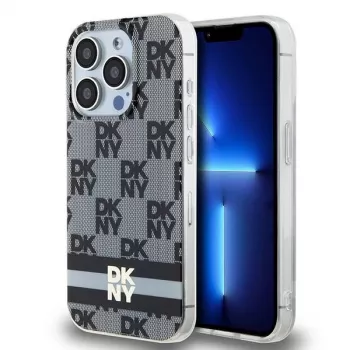 DKNY DKHMP15XHCPTSK Hard Case for iPhone 15 Pro Max 6.7 inch Black Checkered Mono Pattern & Printed Stripes MagSafe
