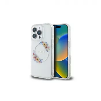 Guess GUHMP16LHFWFCT hårt skal för iPhone 16 Pro 6,3 inch transparent IML Flowers Wreath MagSafe
