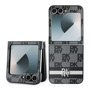 DKNY DKHCZF6PCPTSSK skyddande hårt skal för Samsung Galaxy Z Flip6 F741 / Z Flip7 FE, svart rutmönster med tryckta ränder