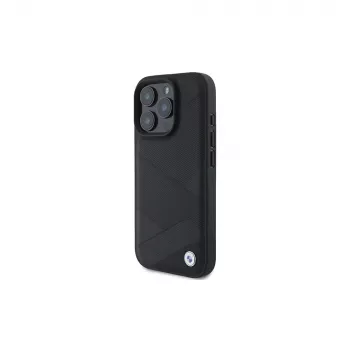 BMW Sign Leather Crossing Lines Pattern hårt skal för Apple iPhone 16 Pro 6,3 inch svart