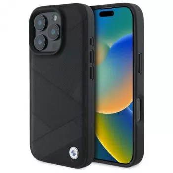 BMW BMHCP16X23RCGPK iPhone 16 Pro Max 6,9 inch svart hårt skal Sign Leather Crossing Lines Pattern