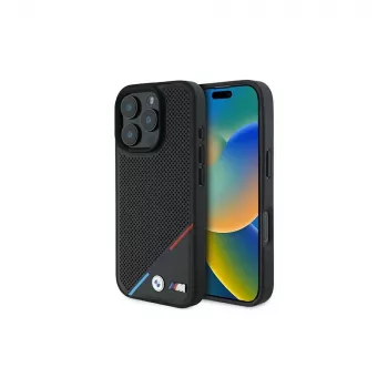 BMW M Perforated Tricolor Line hårt skal för iPhone 16 Pro 6,3 inch – svart MagSafe