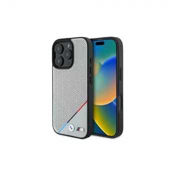 BMW M Perforated Tricolor Line hårt skal för Apple iPhone 16 Pro 6,3 inch grå MagSafe