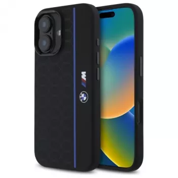 BMW BMHMP16S23SHEB iPhone 16 6,1 inch svart silikonhårt skal Hexagon Blue Line MagSafe