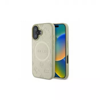 Guess Saffiano Peony Classic Logo MagSafe-fodral för iPhone 16 (guld)
