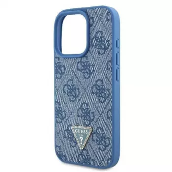 Guess GUHCP16LP4TDSCPB iPhone 16 Pro 6,3 inch blått läder-Hardcase med metallogotyp, strass och axelrem