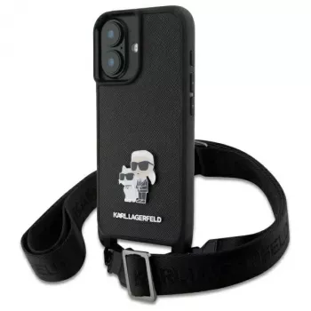 Karl Lagerfeld Saffiano Karl & Choupette Metal Pin CBDY Strap Hard Case för iPhone 16 6,1, svart