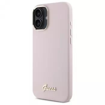 Guess GUHCP16SSMBSLP iPhone 16 6,1 inch rosa silikonhårt skal med Script-metalllogo och ram