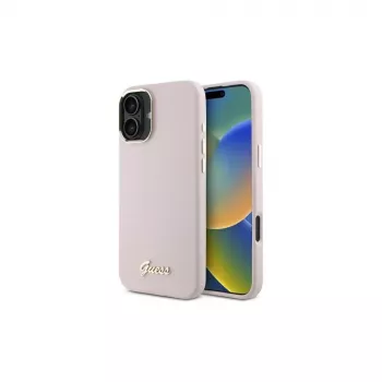 Guess GUHCP16MSMBSLP iPhone 16 Plus 6,7 inch rosa silikonhårt skal med Script-metalllogo och ram