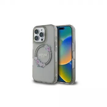 Guess GUHMP16LHFWFCK iPhone 16 Pro Hardcase IML Flowers Wreath MagSafe svart