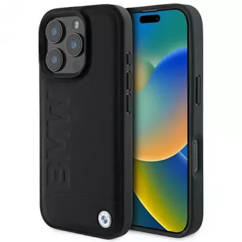 BMW Hot Stamp Leather Hard Case för iPhone 16 Pro 6,3 inch svart