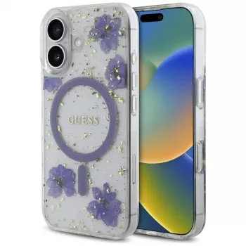 Guess Resin Flowers Glitter MagSafe Case för iPhone 16 lila
