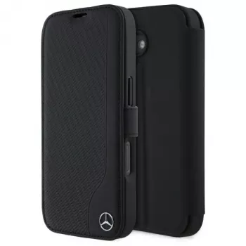 Mercedes-Benz MEBKP16S23RBGVK bokfodral för iPhone 16 6,1 inch, svart, konstläder och träimitation