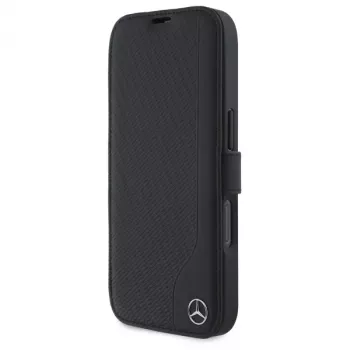 Mercedes-Benz MEBKP16S23RBGVK bokfodral för iPhone 16 6,1 inch, svart, konstläder och träimitation