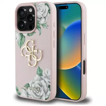 Guess Grained Roses Big 4G Logo Case för Apple iPhone 16 Pro, rosa